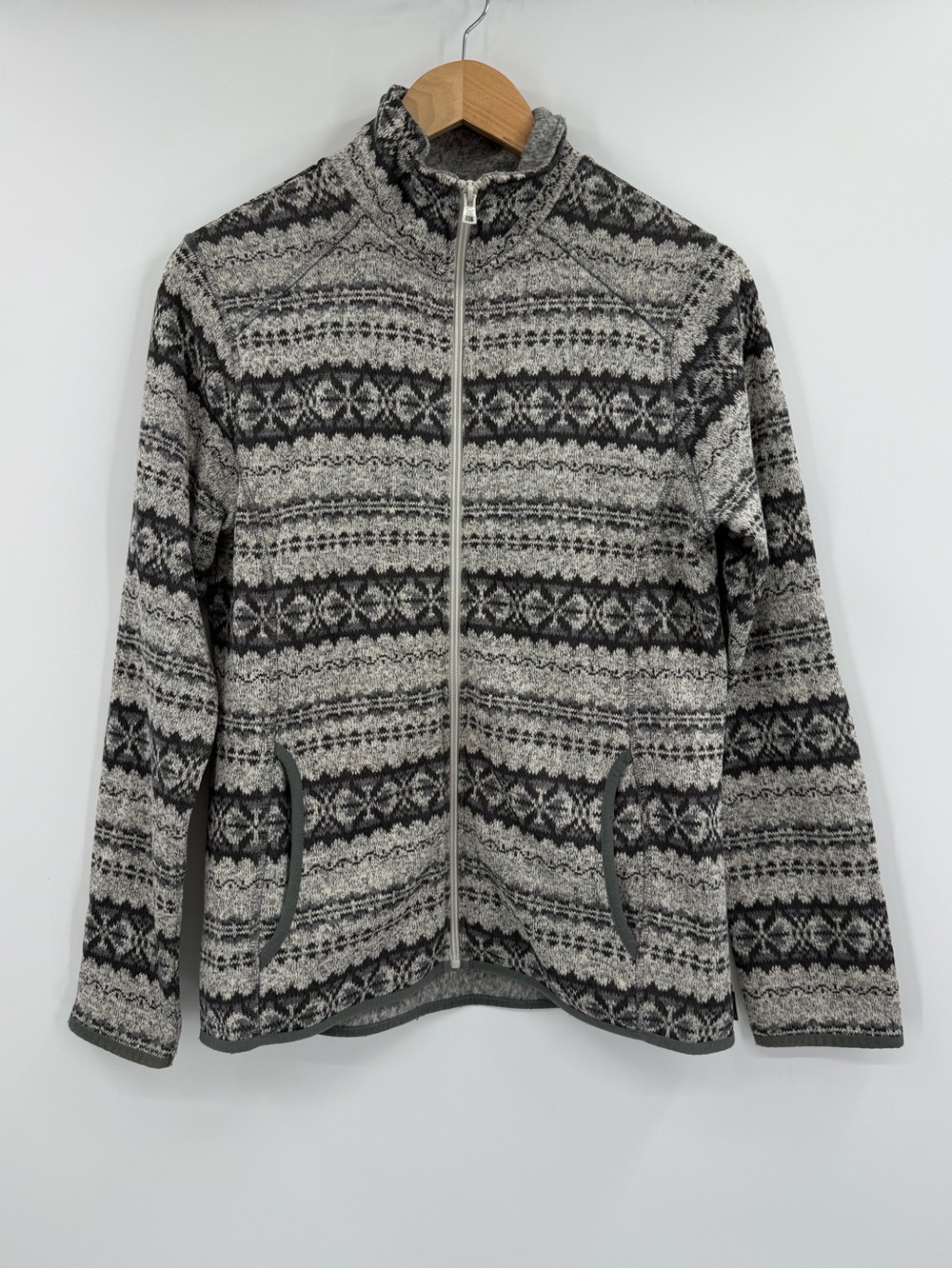 Eddie Bauer Fair Isle Sweater Fleece Full Zip Jacket Fleece Lined | Gray | Large